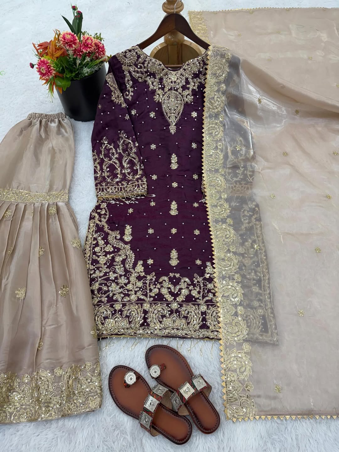 Designer Embroidered Kurti Sharara Set with Dupatta | Wine Purple & Beige Party Wear Suit for Women