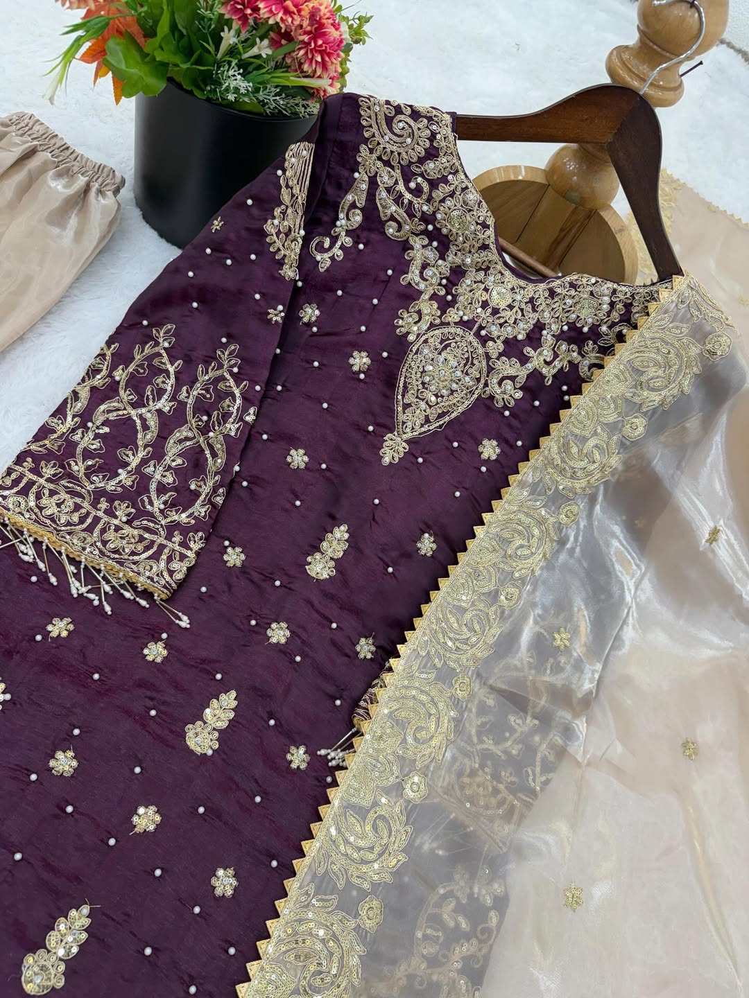 Designer Embroidered Kurti Sharara Set with Dupatta | Wine Purple & Beige Party Wear Suit for Women