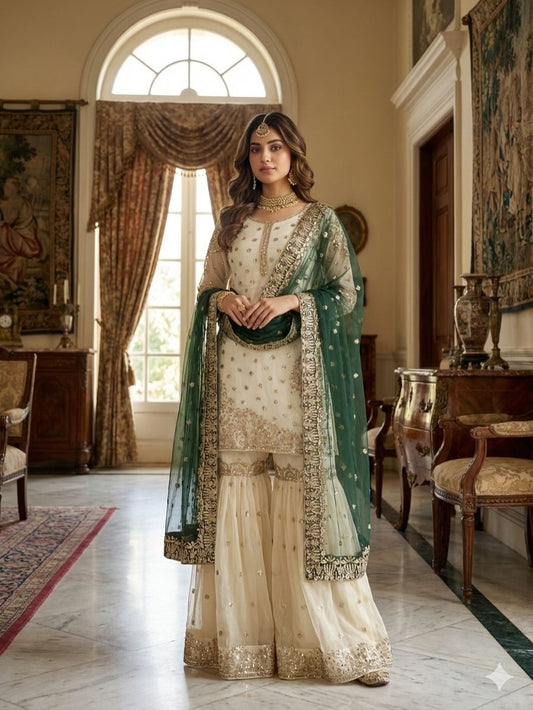 Elegant Ivory Kurta Sharara Set with Green Dupatta – Heavy Embroidered Eid & Wedding Wear