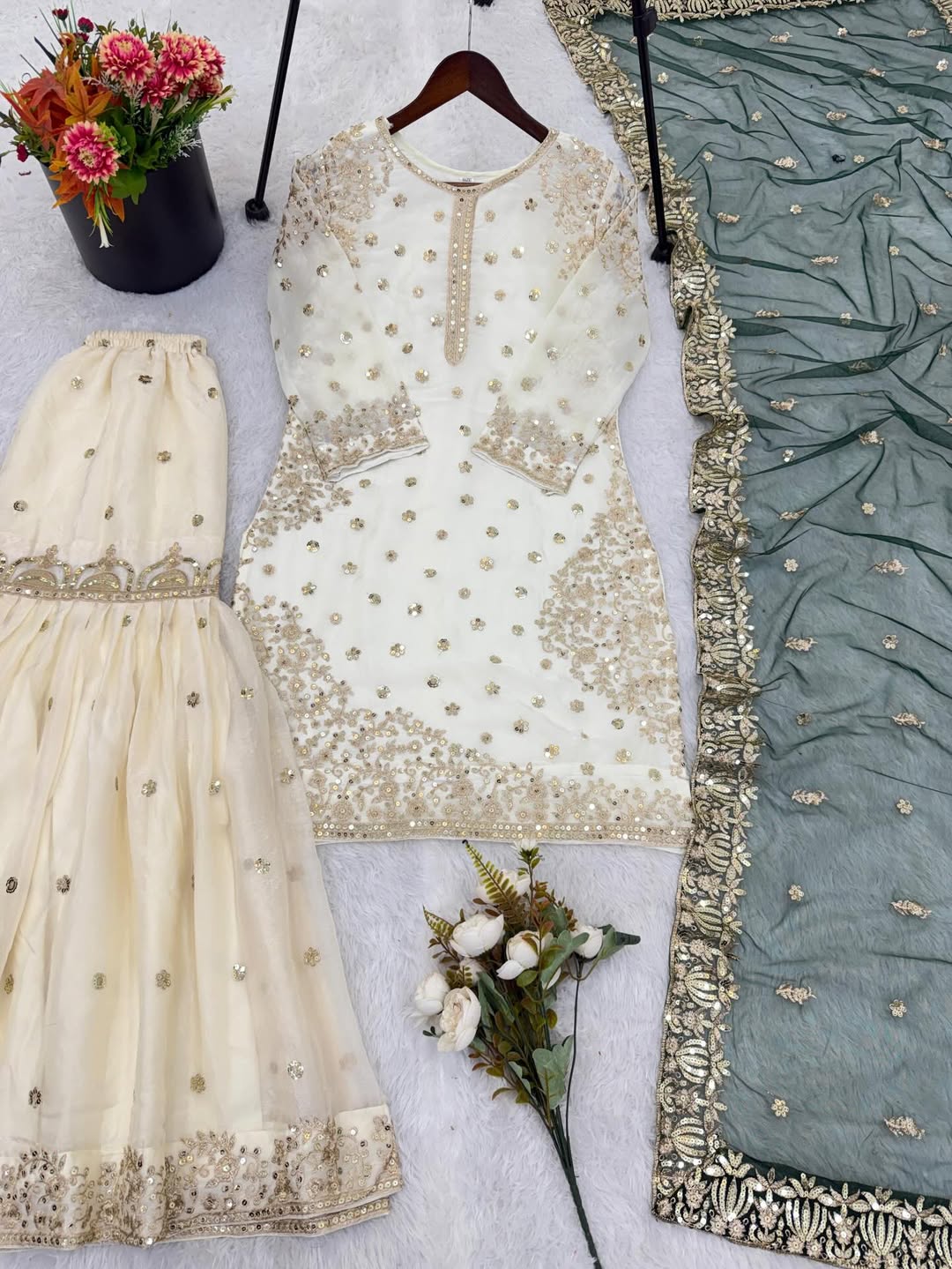 Elegant Ivory Kurta Sharara Set with Green Dupatta – Heavy Embroidered Eid & Wedding Wear