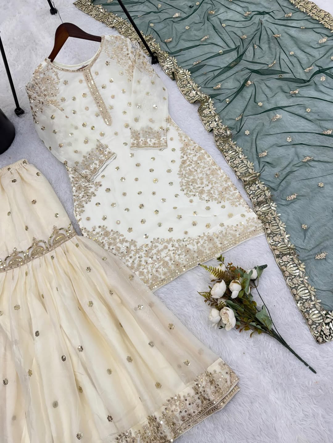 Elegant Ivory Kurta Sharara Set with Green Dupatta – Heavy Embroidered Eid & Wedding Wear