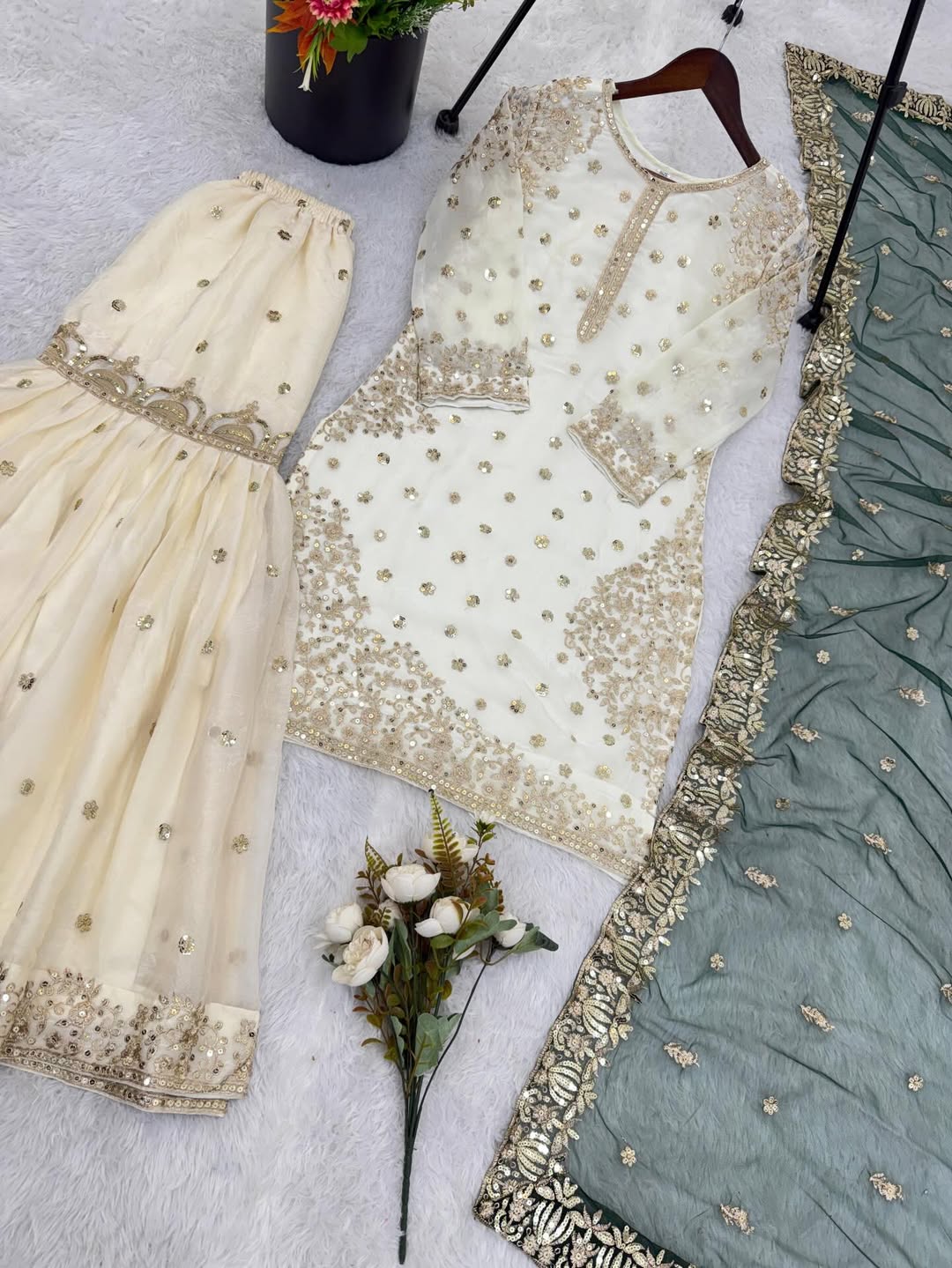 Elegant Ivory Kurta Sharara Set with Green Dupatta – Heavy Embroidered Eid & Wedding Wear