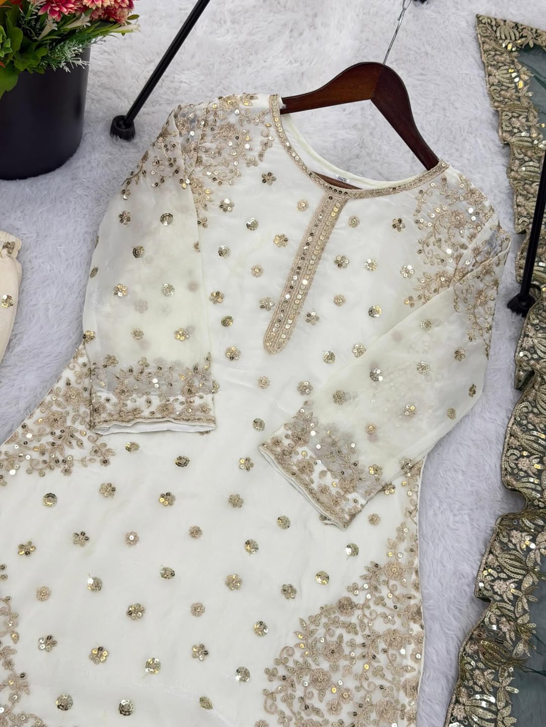 Elegant Ivory Kurta Sharara Set with Green Dupatta – Heavy Embroidered Eid & Wedding Wear