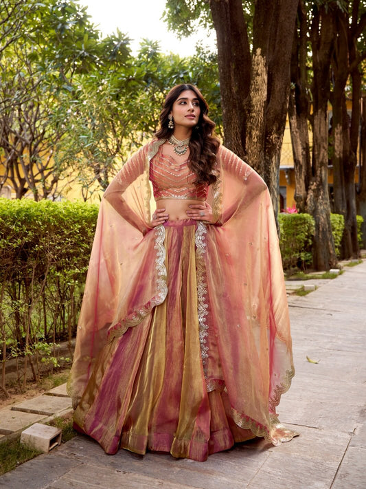 Pastel Peach Pink Lehenga Choli Set with Dupatta | Indian Wedding Party Wear | Designer Bridal Lehenga
