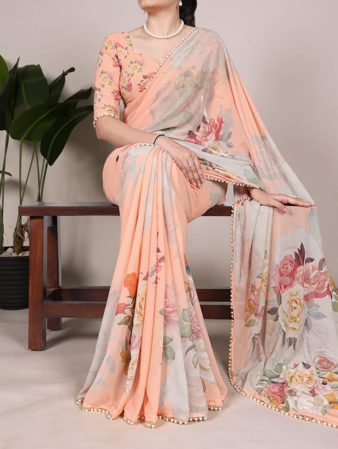 Floral Print Georgette Saree with Pearl Border | Elegant Party Wear & Casual Ethnic Saree for Women