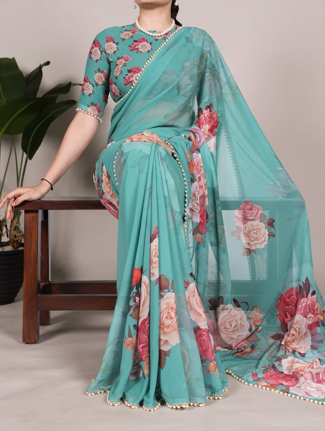 Floral Print Georgette Saree with Pearl Border | Elegant Party Wear & Casual Ethnic Saree for Women