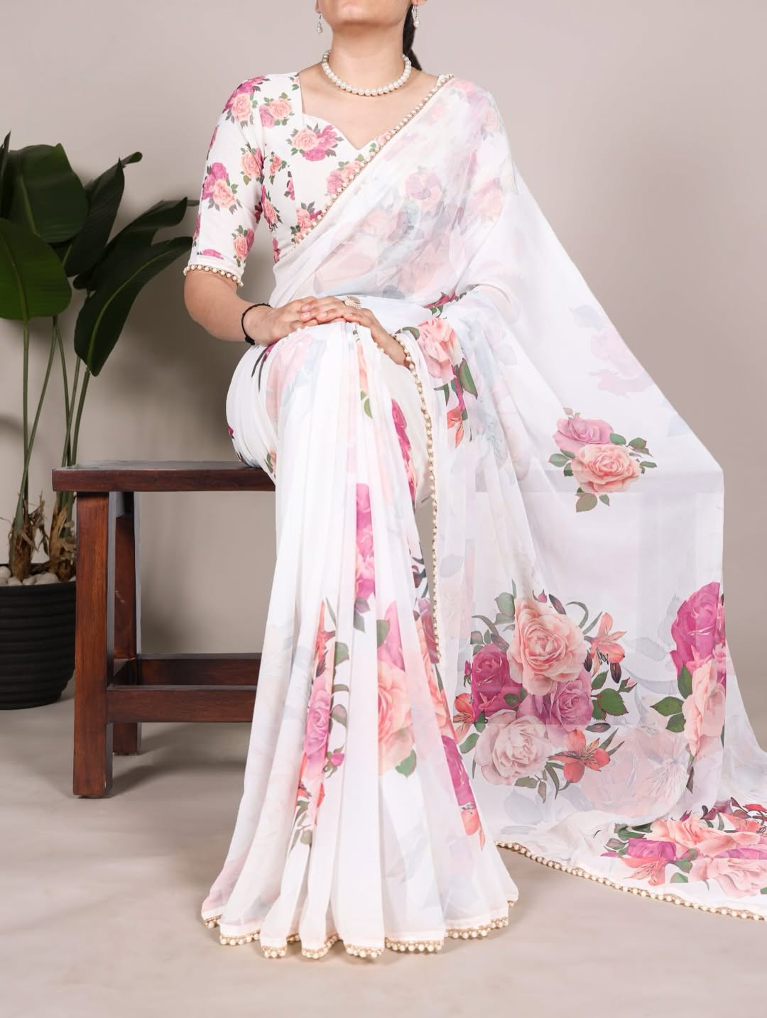 Floral Print Georgette Saree with Pearl Border | Elegant Party Wear & Casual Ethnic Saree for Women