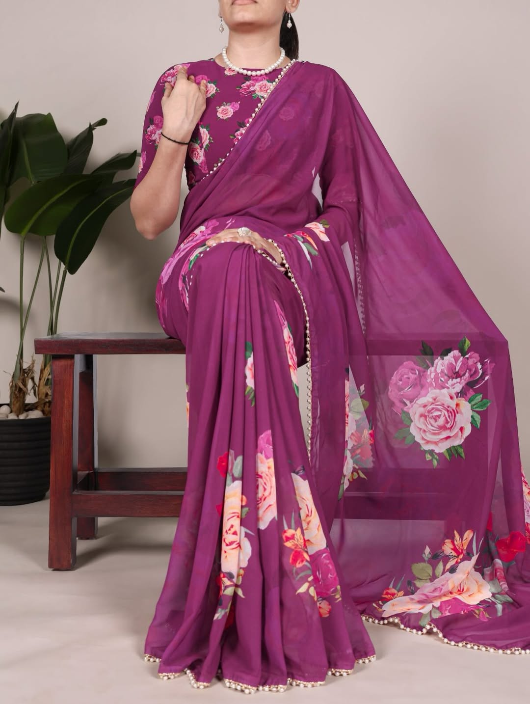 Floral Print Georgette Saree with Pearl Border | Elegant Party Wear & Casual Ethnic Saree for Women