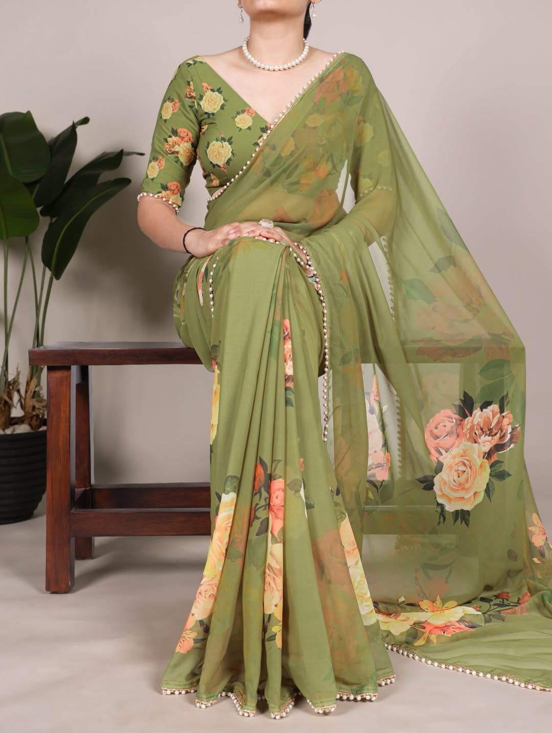 Floral Print Georgette Saree with Pearl Border | Elegant Party Wear & Casual Ethnic Saree for Women