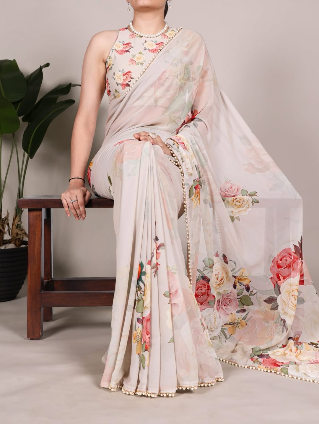 Floral Print Georgette Saree with Pearl Border | Elegant Party Wear & Casual Ethnic Saree for Women
