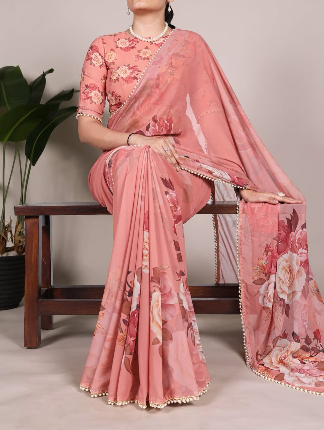 Floral Print Georgette Saree with Pearl Border | Elegant Party Wear & Casual Ethnic Saree for Women