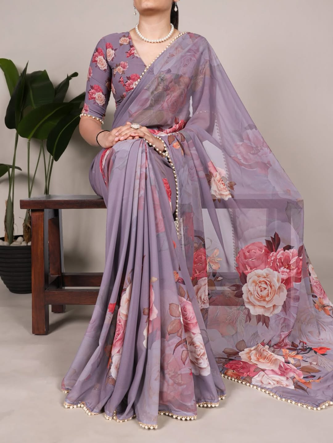 Floral Print Georgette Saree with Pearl Border | Elegant Party Wear & Casual Ethnic Saree for Women