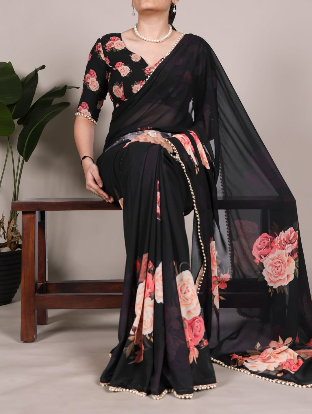 Floral Print Georgette Saree with Pearl Border | Elegant Party Wear & Casual Ethnic Saree for Women