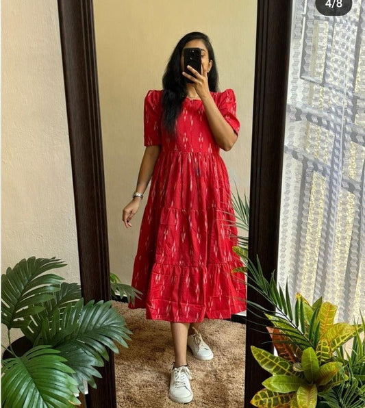 Women Cotton Red Printed Midi Dress