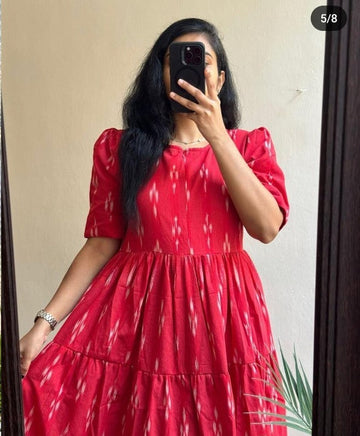 Women Cotton Red Printed Midi Dress