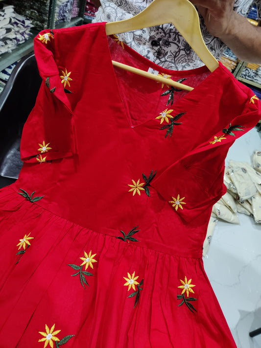 Women Red Cotton Embroidery Midi Dress