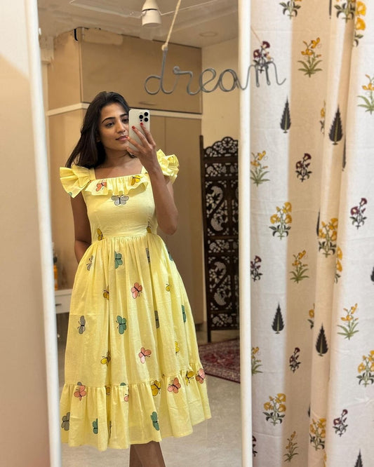 Women Yellow Cotton Embroidery Midi Dress