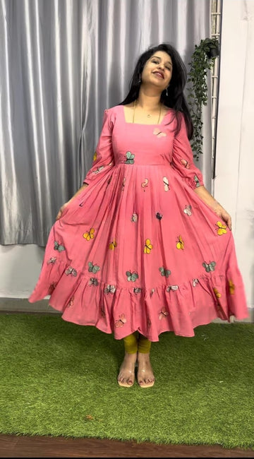 Women Pink Butterfly Embroidery Midi Dress