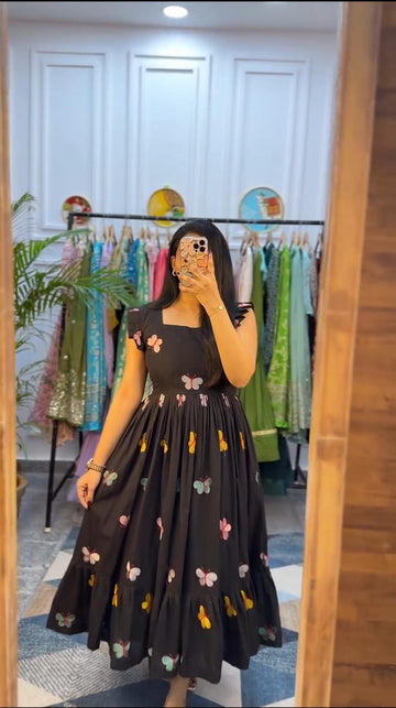 Women Black Butterfly Embroidery Midi Dress