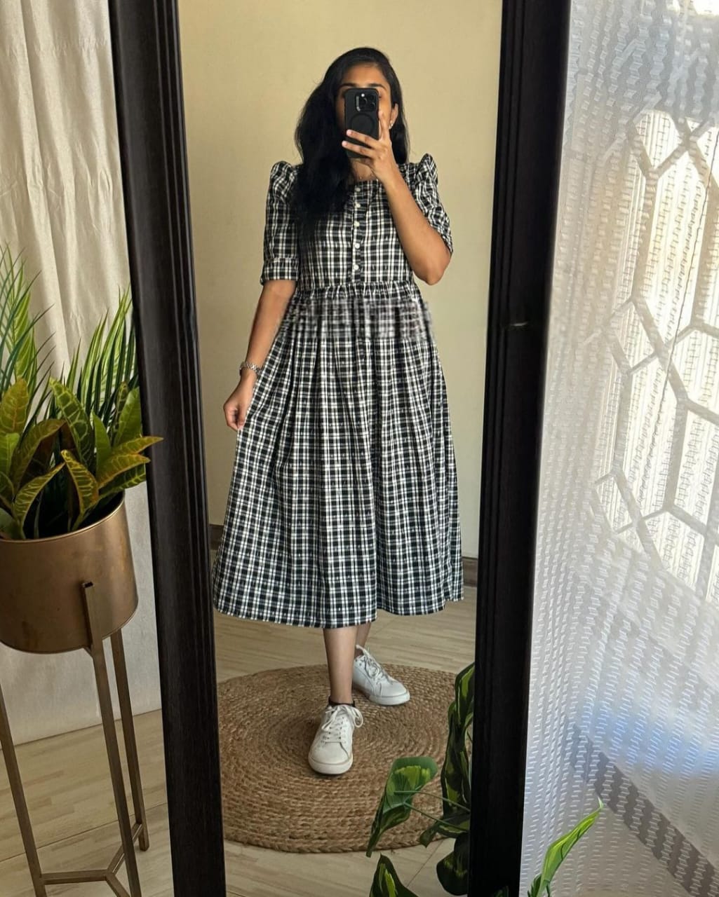Women Checks Cotton Midi Dress