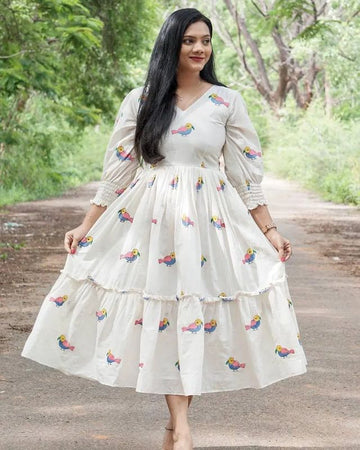 Women Cotton Bird Embroidery White Midi Dress