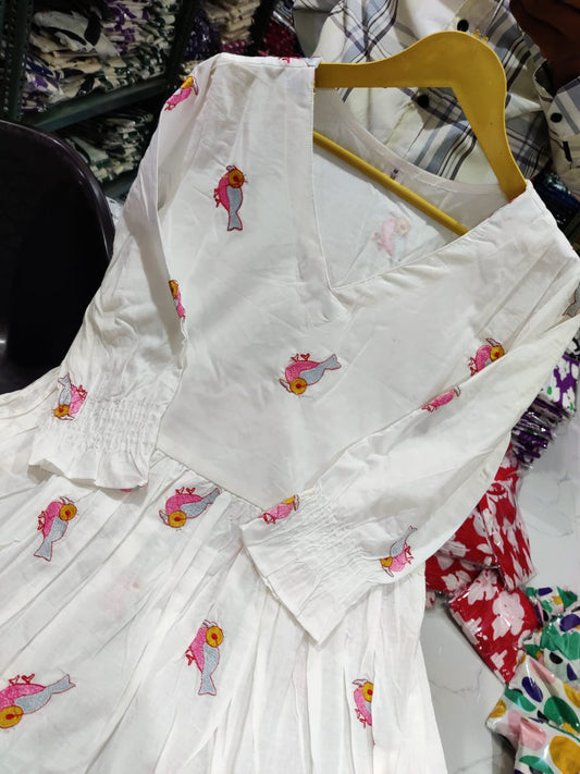 Women Cotton Bird Embroidery White Midi Dress