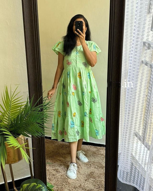 Women Cotton Green Embroidery Midi Dress