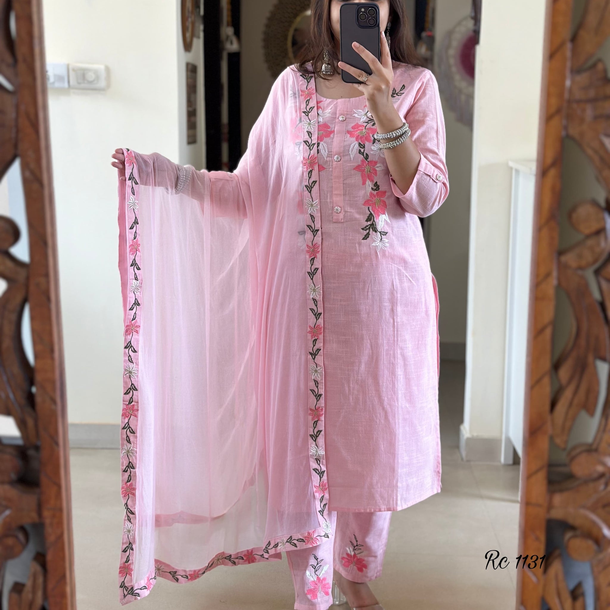 Women Pink Embroidery Yoke Cotton Kurta Pant and Dupatta set