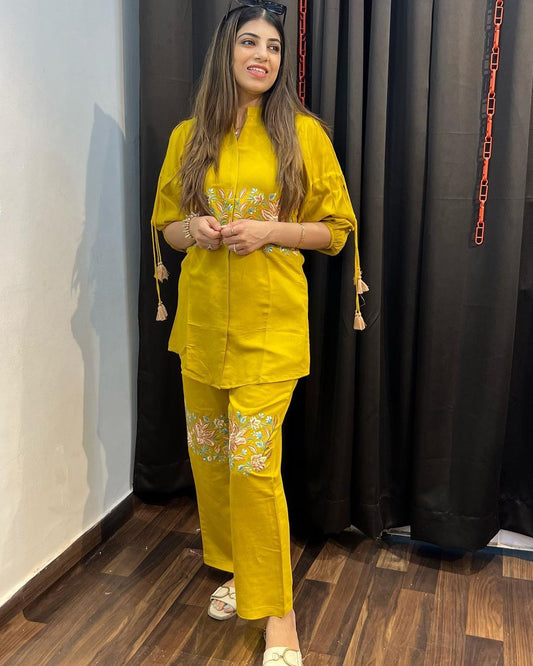 Women Yellow Embroidery Co-Ord set