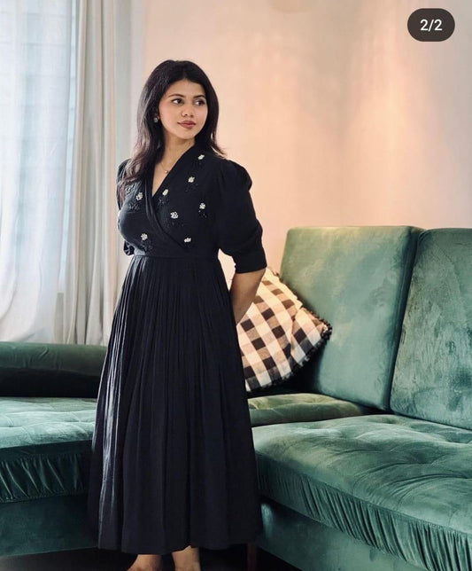 Women Cotton Black Midi Dress