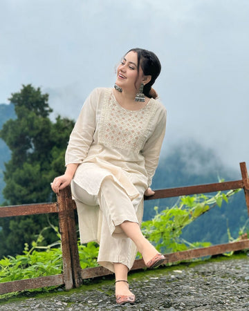 Classy Embroidered  Off- White Kurta Set