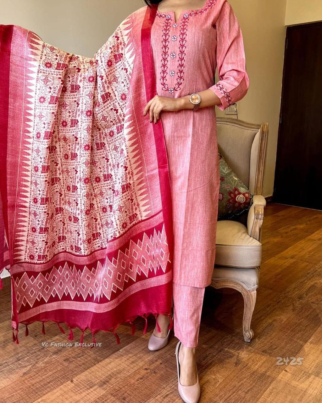 Pink Handloom Cotton Kurta Pant And Khadi Silk Floral Print Dupatta Set