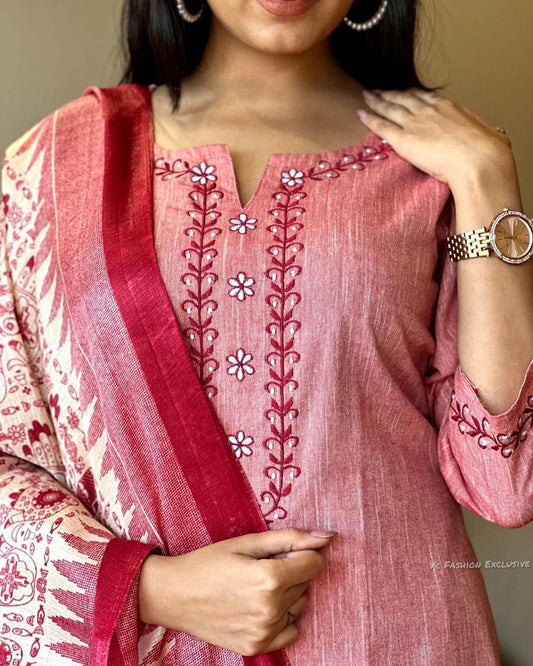 Pink Handloom Cotton Kurta Pant And Khadi Silk Floral Print Dupatta Set