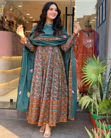 Women's Printed Cotton Anarkali kurta Pant and Dupatta Set