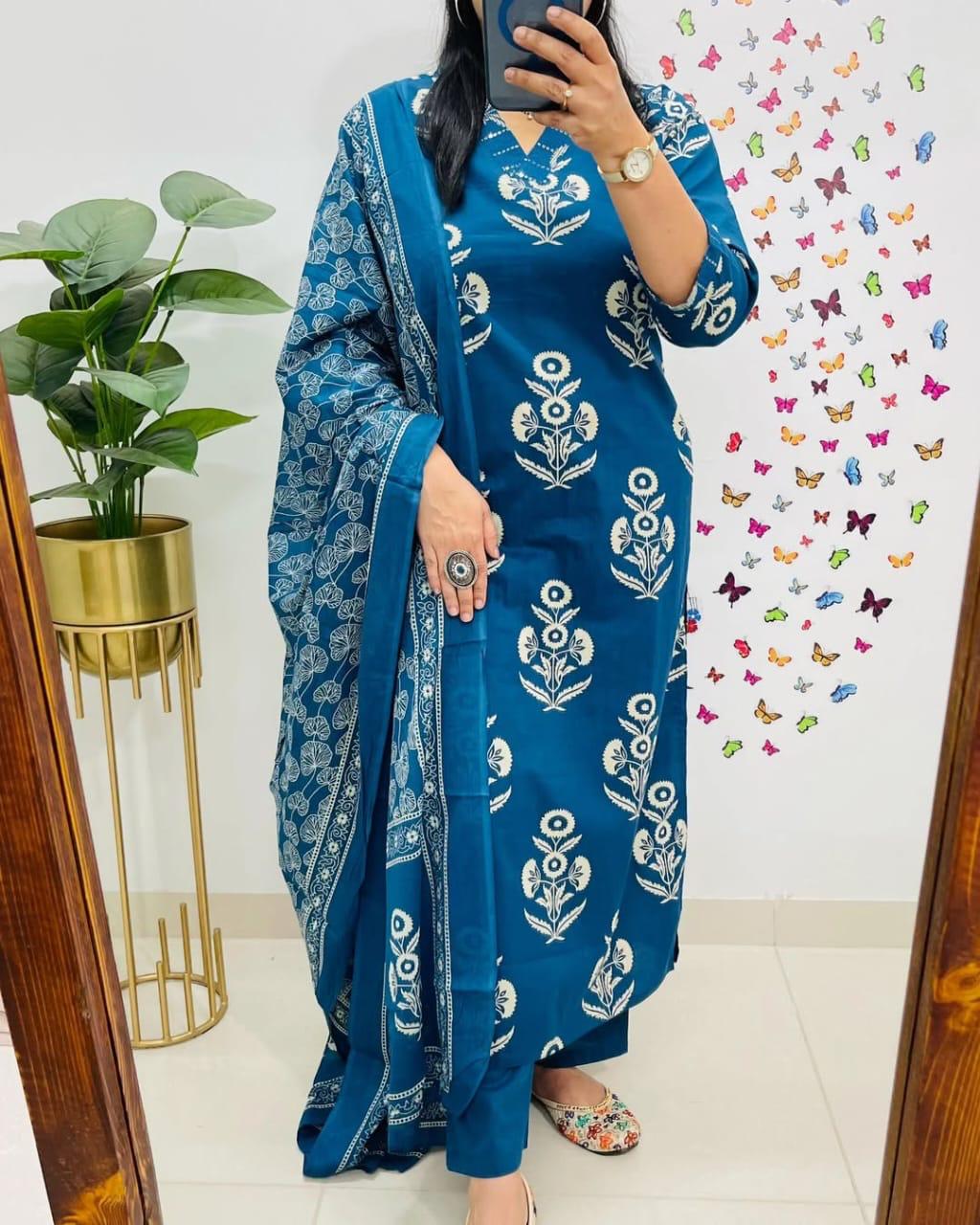 Royal Blue Floral Kurta Pant and Dupatta Set