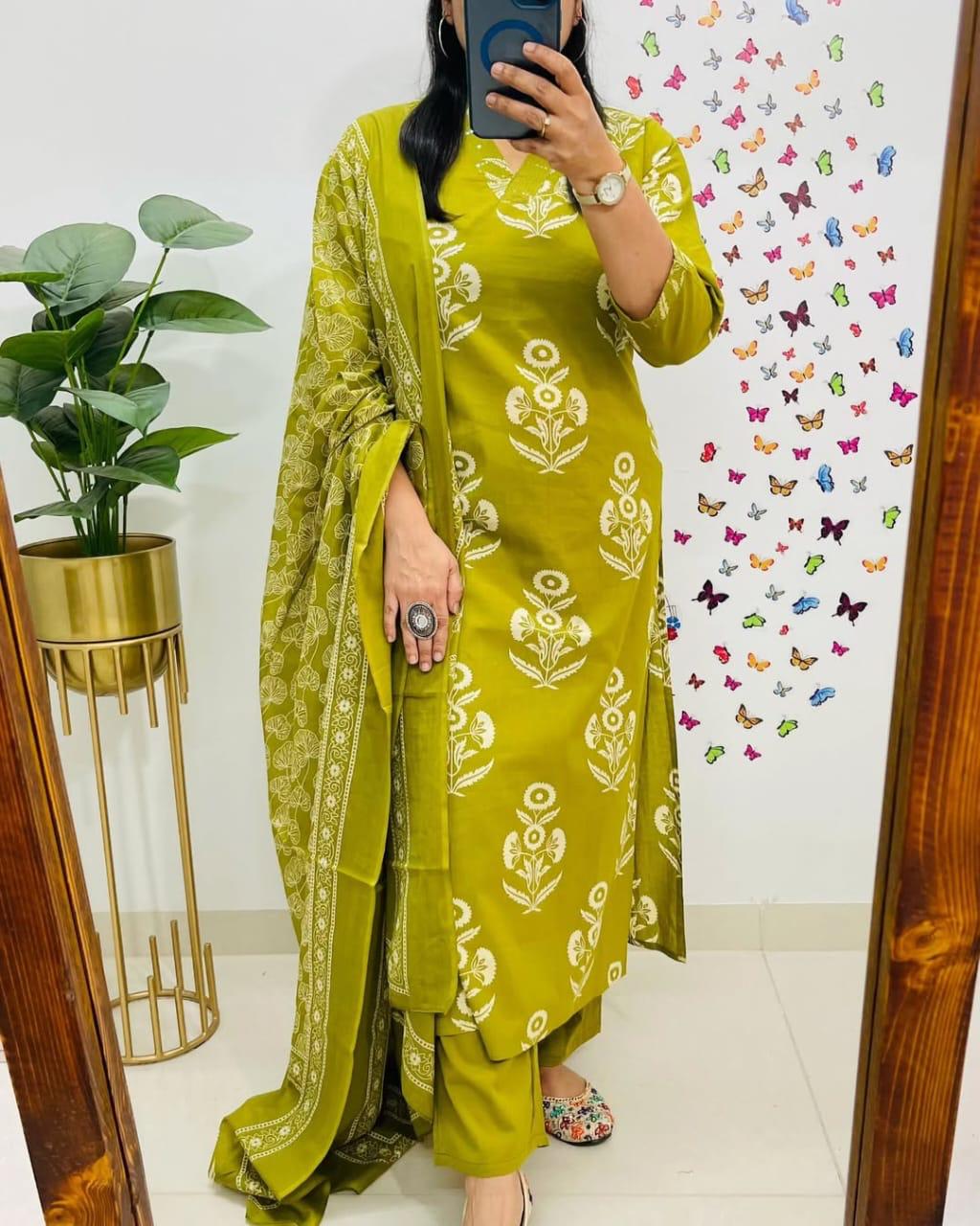 Royal Green Floral Kurta Pant and Dupatta Set
