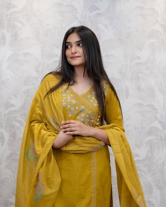 Elegant Mustard Yellow Embroidered Cotton Suit Set
