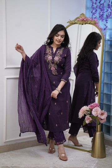 Women cotton embroidered kurta pant with dupatta sets