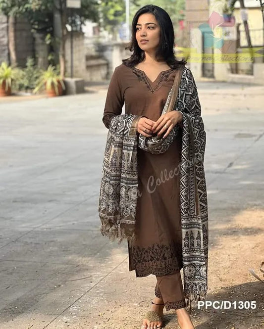 Brown cotton embroidered straight kurta pant with dupatta set