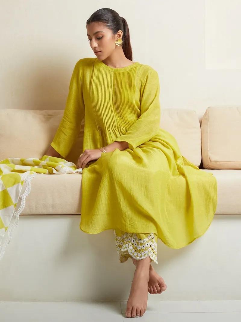Yellow Embroidered Cotton Kurta and Pant Set with Dupatta