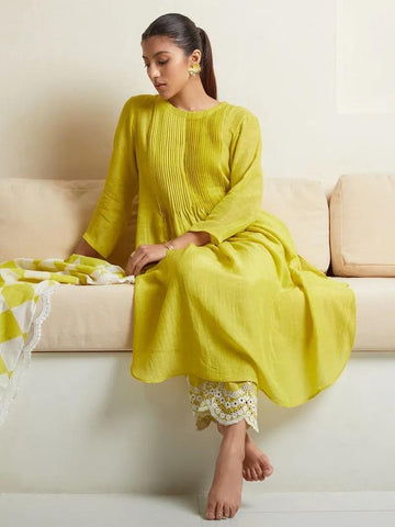 Yellow Embroidered Cotton Kurta and Pant Set with Dupatta
