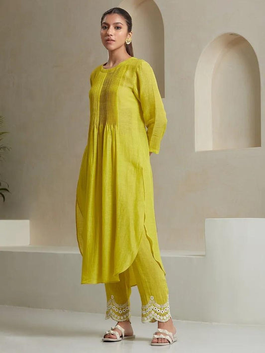 Yellow Embroidered Cotton Kurta and Pant Set with Dupatta