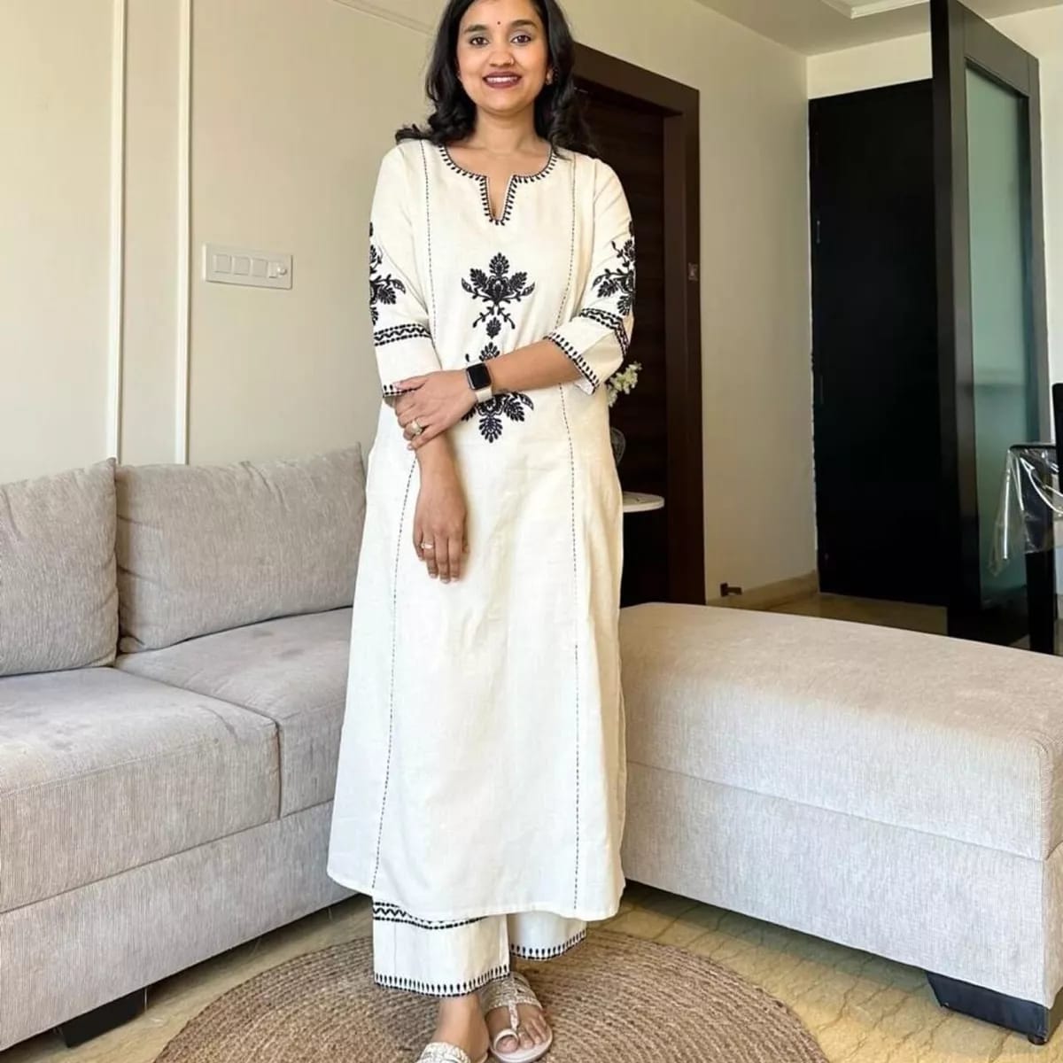 Off white hand embroidered kurta palazzo co ord set