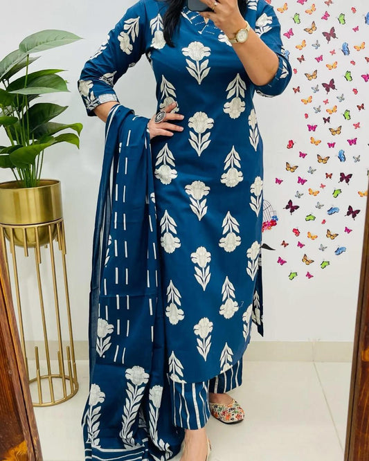 Ocean Breeze Cotton Kurta Set with Dupatta