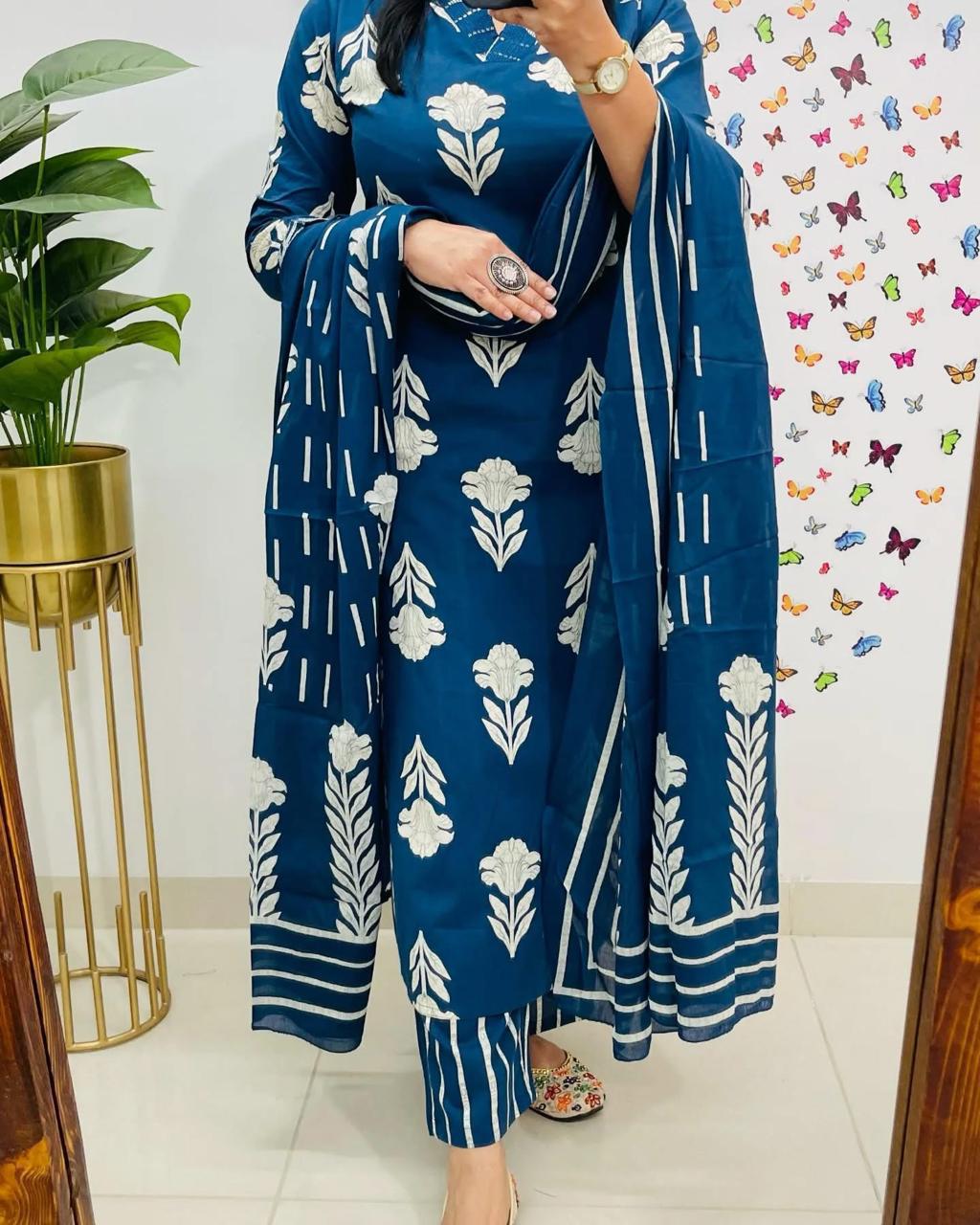 Ocean Breeze Cotton Kurta Set with Dupatta