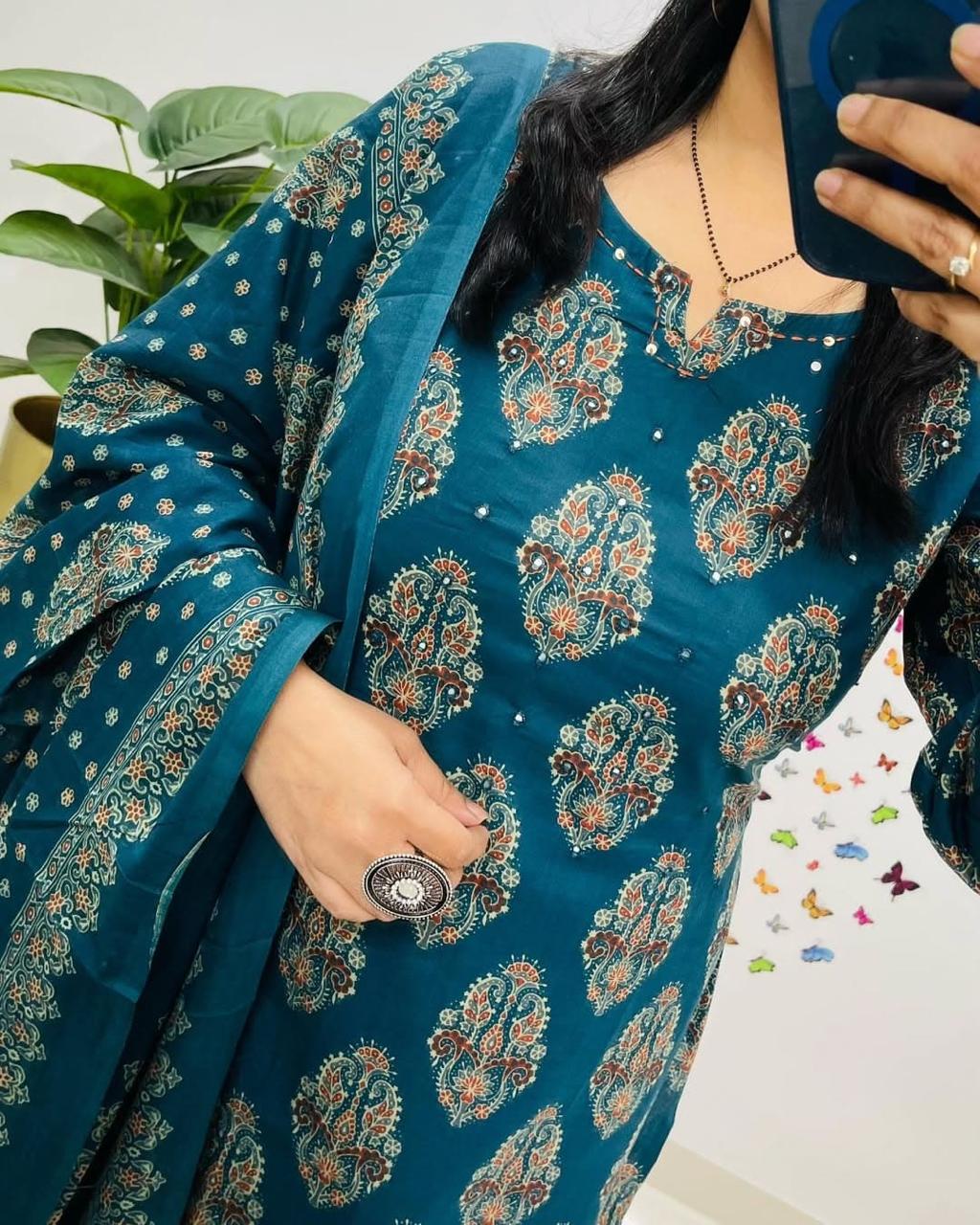 Cotton dupatta set, blue dupatta set, Aforaura 