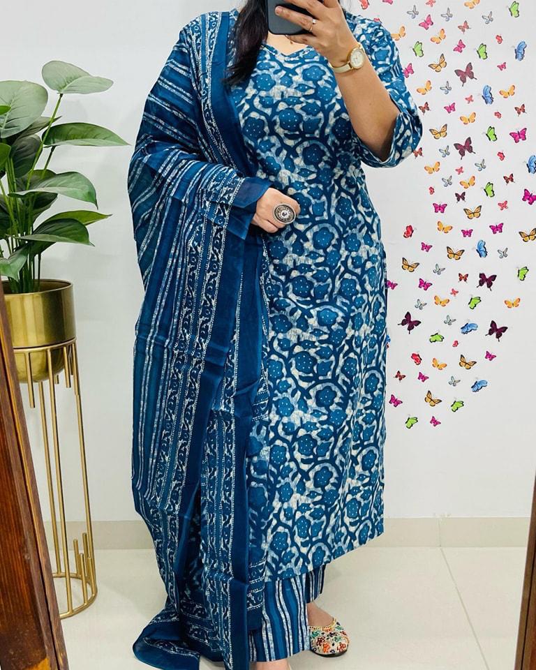 cotton dupatta set, blue dupatta set, Aforaura 