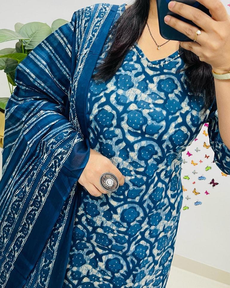 cotton dupatta set, blue dupatta set, Aforaura 