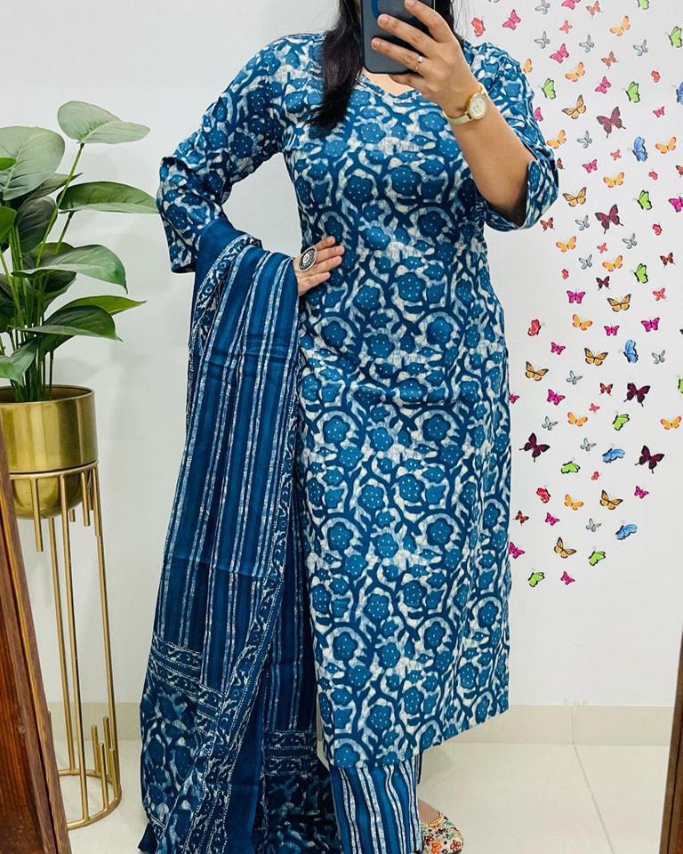 cotton dupatta set, blue dupatta set, Aforaura 