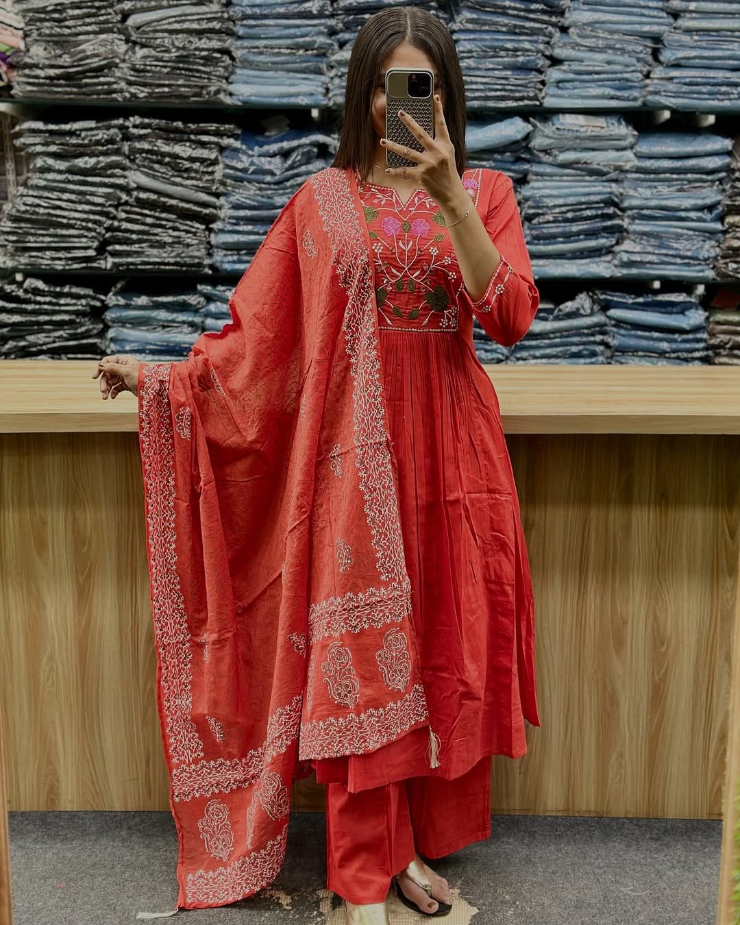 Red Beautiful Anarkali Kurti With Embroidery With Dupatta